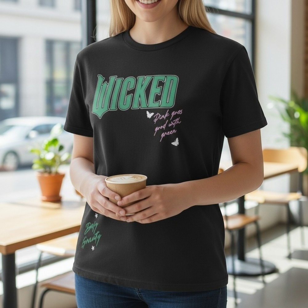 Wicked Movie Graphic T Shirt Black Defy Gravity Pink Goes Good With Green Large